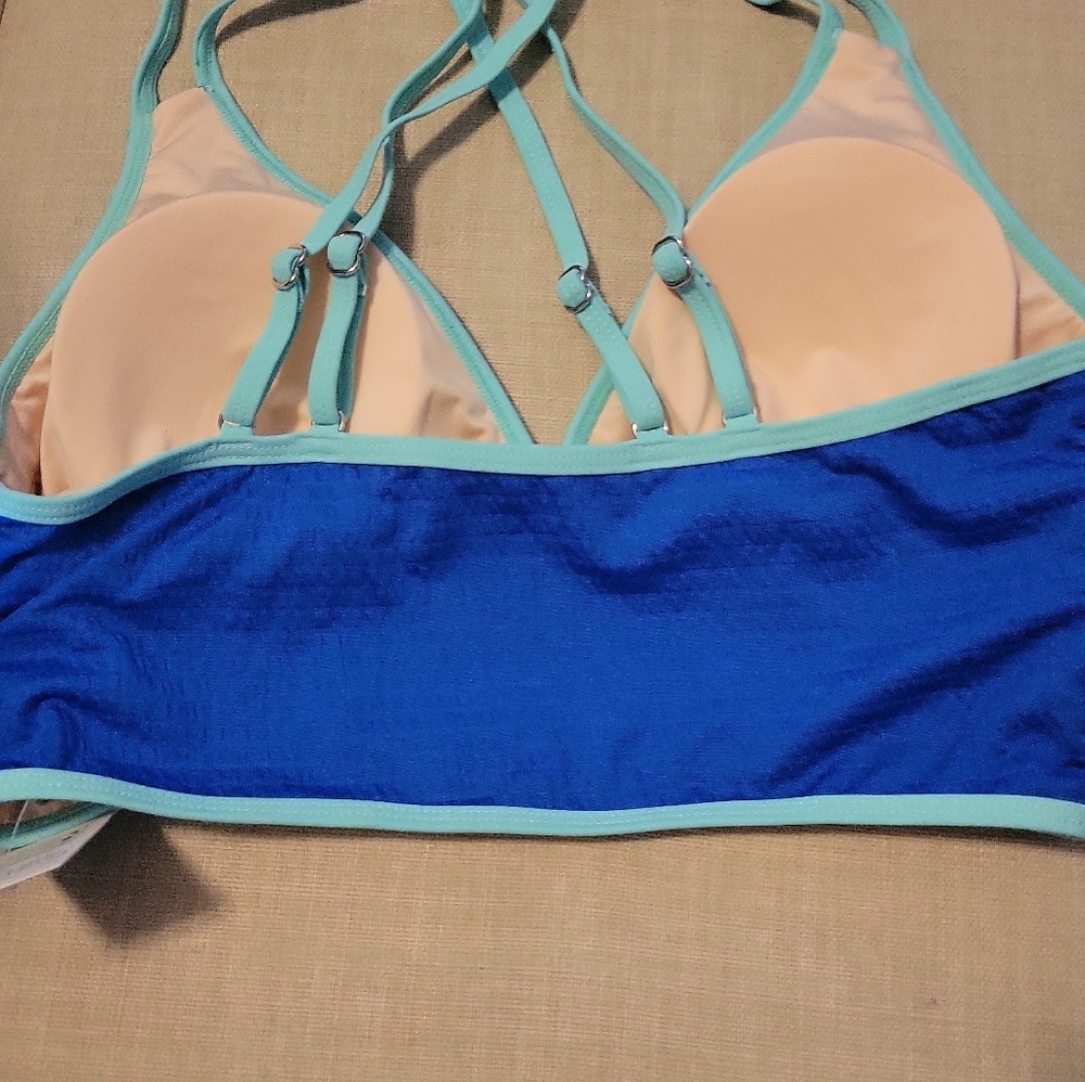 Blue & Nude Strappy Bathing Suit Top with Light Aqua Trim